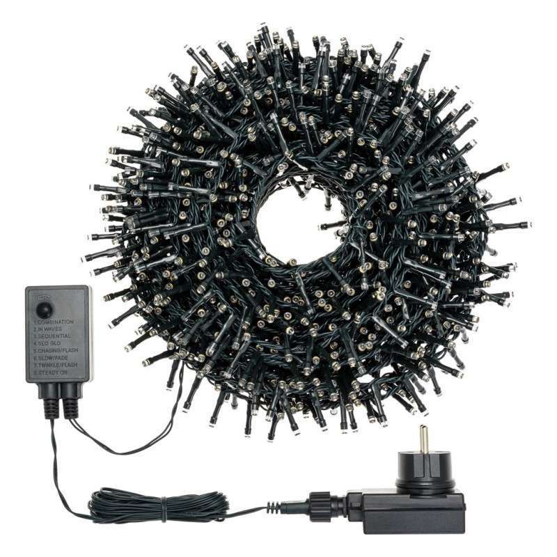 1500 LEDs luz cálida 30 mts programable cable negro exterior