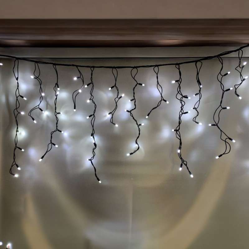 Cortina 100 LEDs frío IP44 enlazable cable negro 200x70