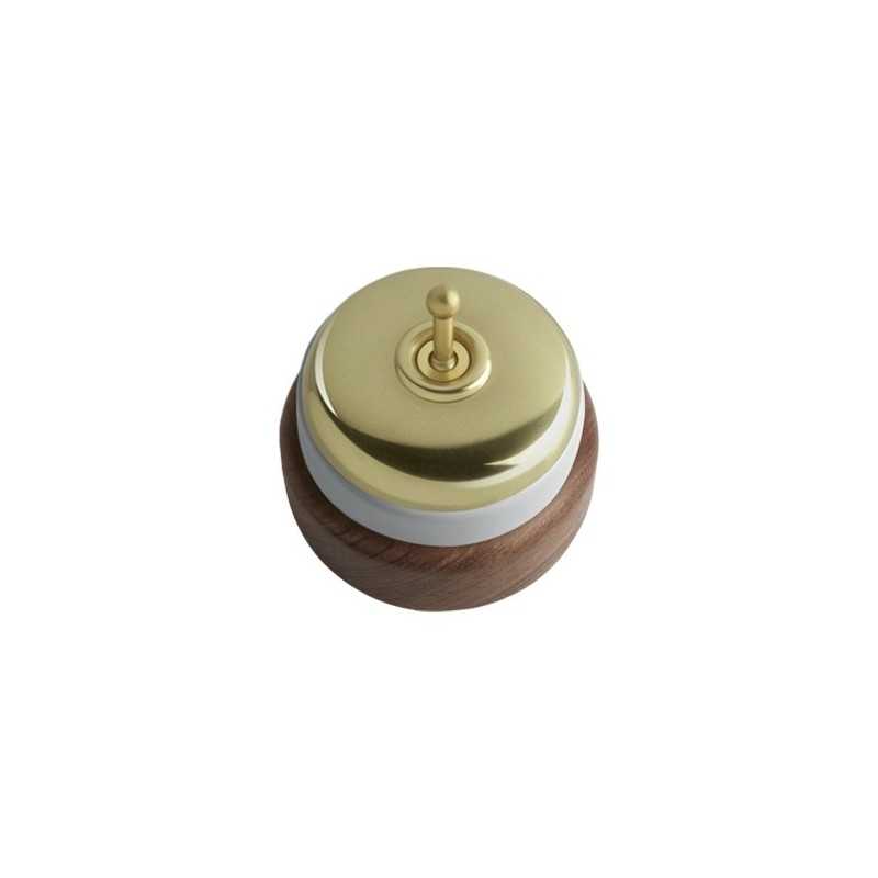 Conmutador porcelana base madera oscura y tapa dorada