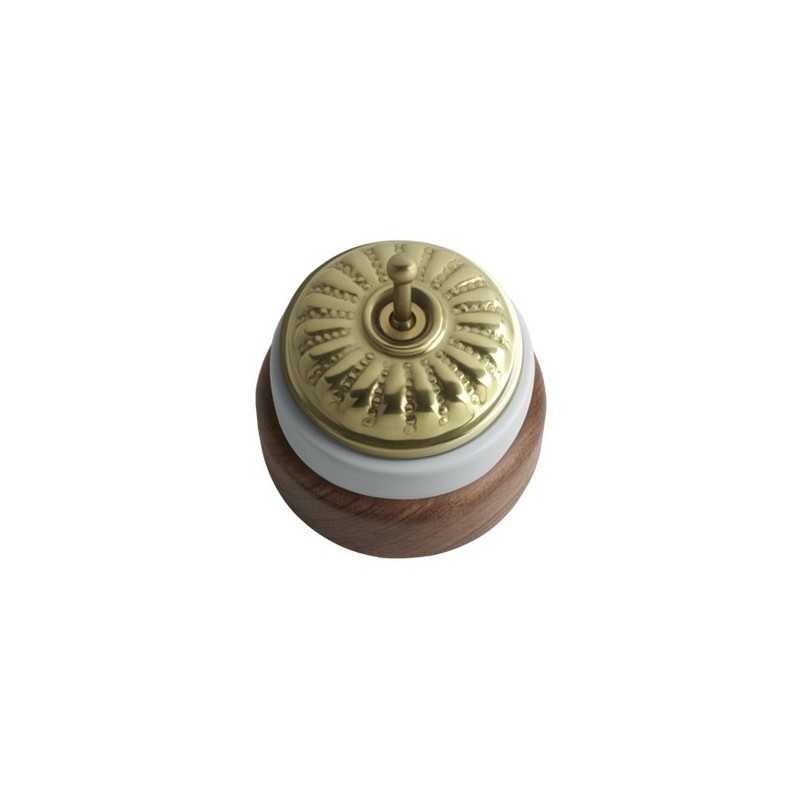 Conmutador porcelana base madera oscura tapa grabada oro