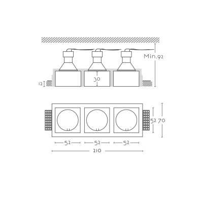Foco triple escayola GU10 210mm x 52mm y altura 92mm